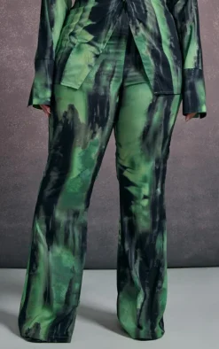 New PrettyLittleThing Plus Grunge Print Chiffon Flare Pants Green