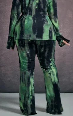 New PrettyLittleThing Plus Grunge Print Chiffon Flare Pants Green