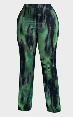 New PrettyLittleThing Plus Grunge Print Chiffon Flare Pants Green