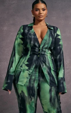 Best PrettyLittleThing Plus Grunge Print Chiffon Fitted Shirt Green