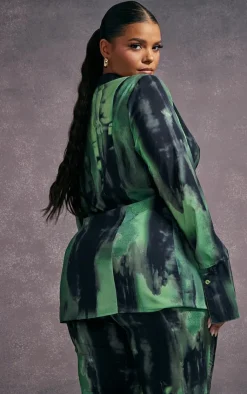 Best PrettyLittleThing Plus Grunge Print Chiffon Fitted Shirt Green