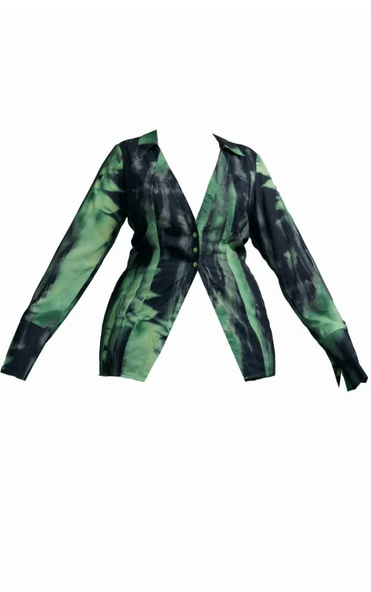 Best PrettyLittleThing Plus Grunge Print Chiffon Fitted Shirt Green