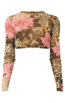 Best PrettyLittleThing Plus Leopard Print Mesh Long Sleeve Crop Top Green