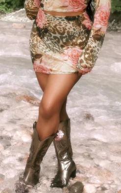 Online PrettyLittleThing Plus Leopard Print Mesh Mini Skirt Green