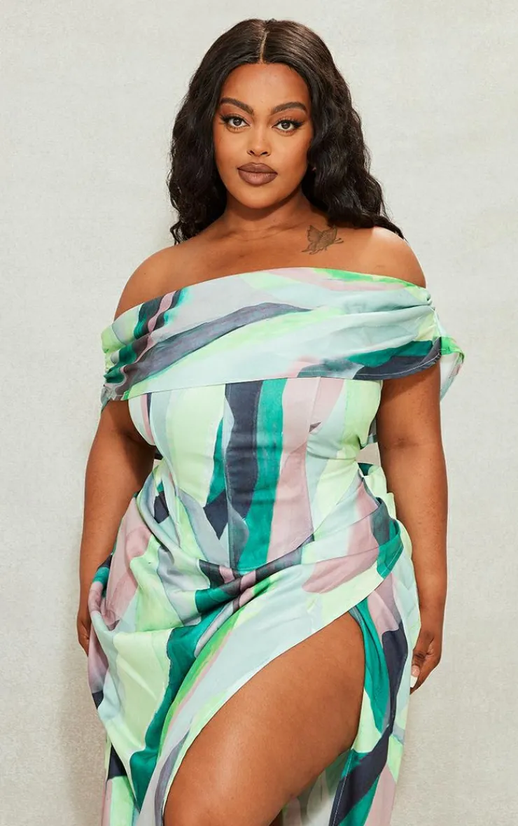 Clearance PrettyLittleThing Plus Printed Asymmetric Bardot Corset Green