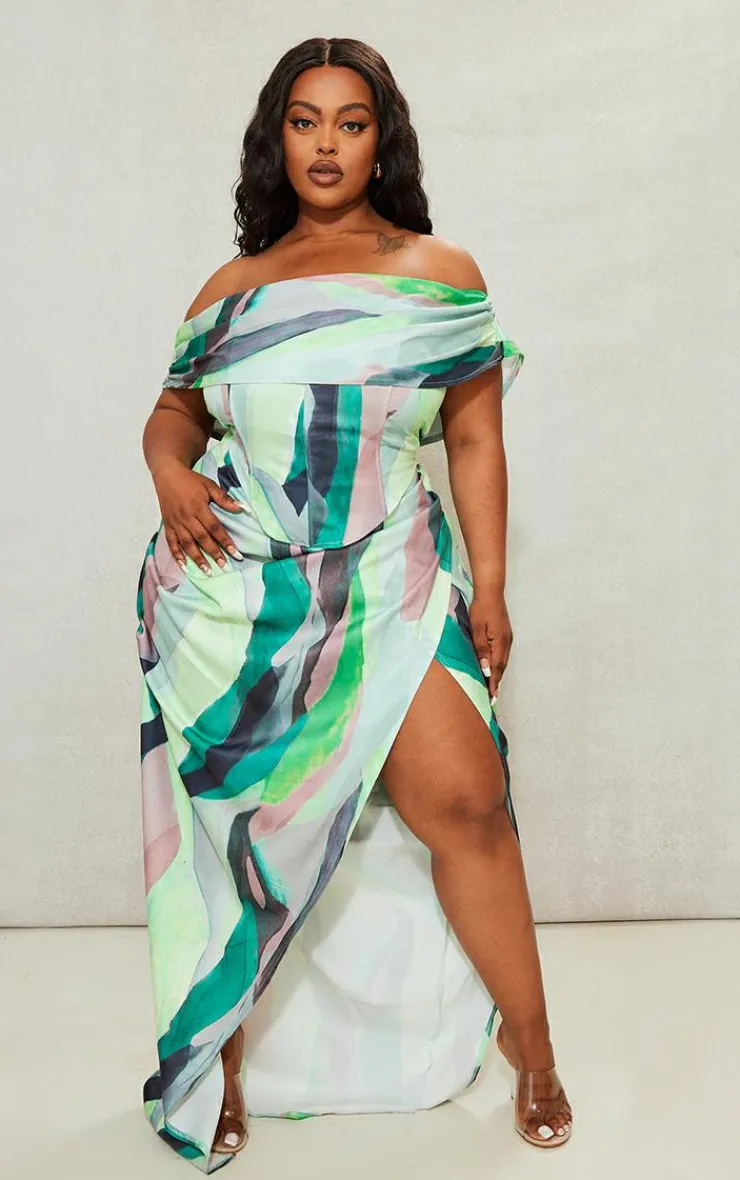 Clearance PrettyLittleThing Plus Printed Asymmetric Bardot Corset Green