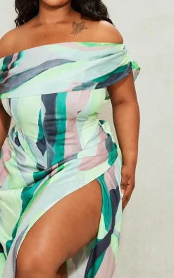Clearance PrettyLittleThing Plus Printed Asymmetric Bardot Corset Green