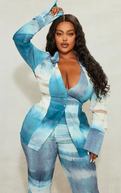 Sale PrettyLittleThing Plus Green Tie Dye Print Chiffon Fitted Shirt Blue