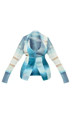 Sale PrettyLittleThing Plus Green Tie Dye Print Chiffon Fitted Shirt Blue