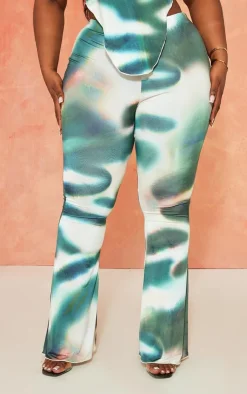 Sale PrettyLittleThing Plus Tie Dye Print Flared Pants Green