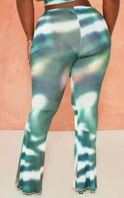 Sale PrettyLittleThing Plus Tie Dye Print Flared Pants Green