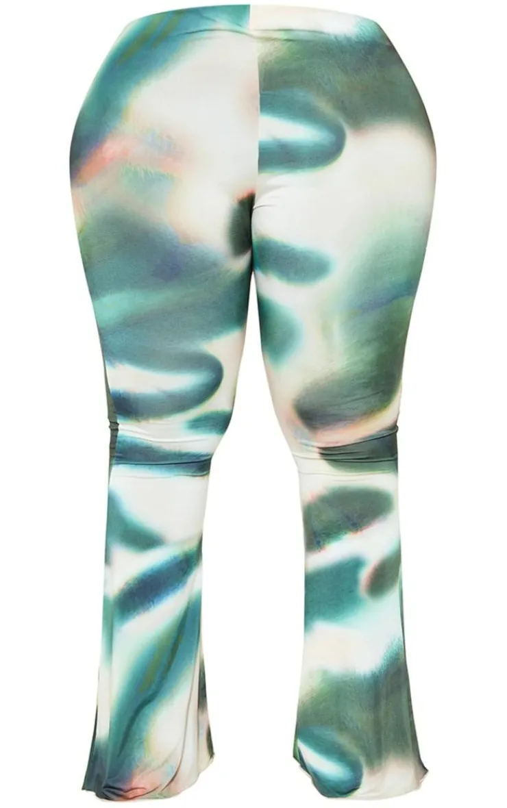 Sale PrettyLittleThing Plus Tie Dye Print Flared Pants Green