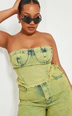 Outlet PrettyLittleThing Plus Tint Acid Wash Denim Corset Crop Top Green