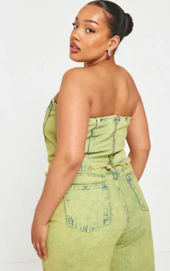 Outlet PrettyLittleThing Plus Tint Acid Wash Denim Corset Crop Top Green