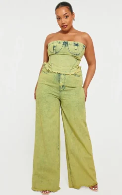Outlet PrettyLittleThing Plus Tint Acid Wash Denim Corset Crop Top Green