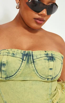 Outlet PrettyLittleThing Plus Tint Acid Wash Denim Corset Crop Top Green