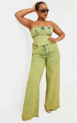 Online PrettyLittleThing Plus Tint Acid Wash Raw Hem Wide Leg Jeans Green