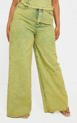 Online PrettyLittleThing Plus Tint Acid Wash Raw Hem Wide Leg Jeans Green