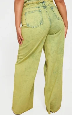 Online PrettyLittleThing Plus Tint Acid Wash Raw Hem Wide Leg Jeans Green