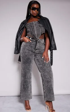 Discount PrettyLittleThing Plus Acid Wash Belt Detail Wide Leg Jeans Grey