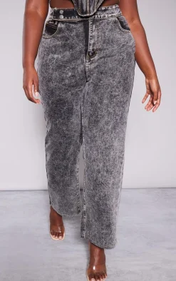 Discount PrettyLittleThing Plus Acid Wash Belt Detail Wide Leg Jeans Grey