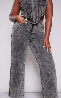 Discount PrettyLittleThing Plus Acid Wash Belt Detail Wide Leg Jeans Grey