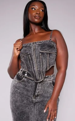 Hot PrettyLittleThing Plus Acid Wash Seam Detail Denim Corset Grey