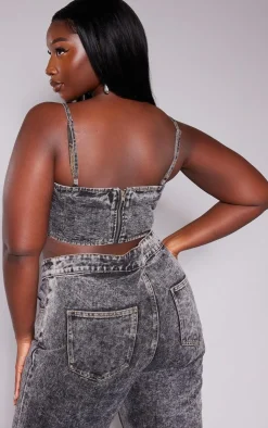 Hot PrettyLittleThing Plus Acid Wash Seam Detail Denim Corset Grey
