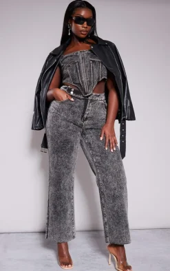 Hot PrettyLittleThing Plus Acid Wash Seam Detail Denim Corset Grey