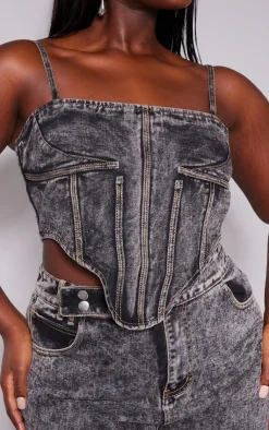 Hot PrettyLittleThing Plus Acid Wash Seam Detail Denim Corset Grey