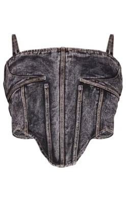 Hot PrettyLittleThing Plus Acid Wash Seam Detail Denim Corset Grey