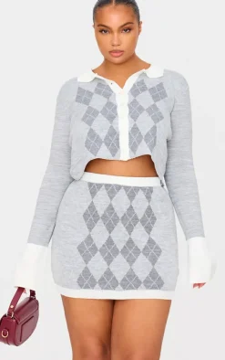Hot PrettyLittleThing Plus Argyle Jacquard Knitted Mini Skirt Grey