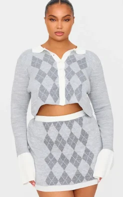 Best PrettyLittleThing Plus Argyle Jacquard Knitted Button Up Top Grey