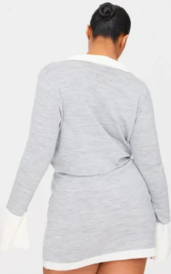 Best PrettyLittleThing Plus Argyle Jacquard Knitted Button Up Top Grey