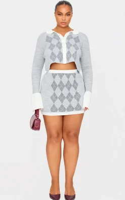 Best PrettyLittleThing Plus Argyle Jacquard Knitted Button Up Top Grey
