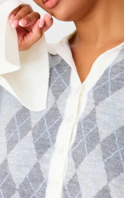 Best PrettyLittleThing Plus Argyle Jacquard Knitted Button Up Top Grey