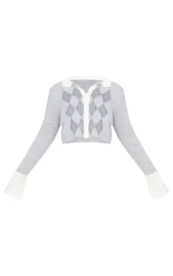 Best PrettyLittleThing Plus Argyle Jacquard Knitted Button Up Top Grey