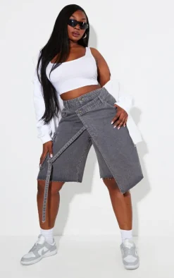 Plus Grey Asymmetric Buckle Wrap Over Detail Jorts