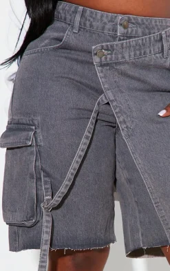 Plus Grey Asymmetric Buckle Wrap Over Detail Jorts
