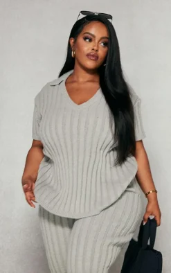 Outlet PrettyLittleThing Plus Brushed Short Sleeve V Neck Knit Top Grey