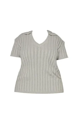 Outlet PrettyLittleThing Plus Brushed Short Sleeve V Neck Knit Top Grey