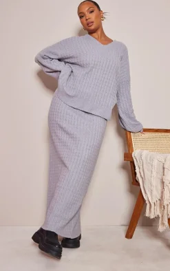Best PrettyLittleThing Plus Cable Soft Knit Midi Skirt Grey