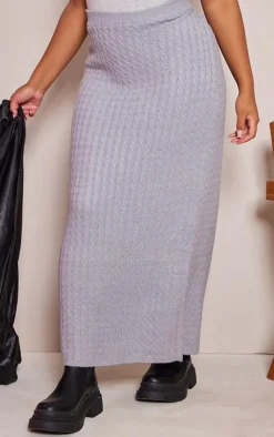 Best PrettyLittleThing Plus Cable Soft Knit Midi Skirt Grey