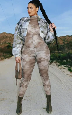 Plus Grey Camo Printed Mesh Jumpsuit
