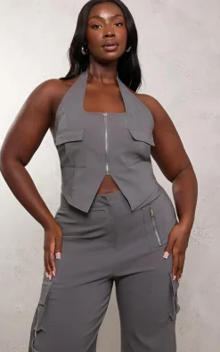 Hot PrettyLittleThing Plus Cargo Pocket Detail Zip Crop Top Grey