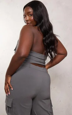Hot PrettyLittleThing Plus Cargo Pocket Detail Zip Crop Top Grey
