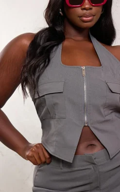 Hot PrettyLittleThing Plus Cargo Pocket Detail Zip Crop Top Grey