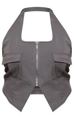 Hot PrettyLittleThing Plus Cargo Pocket Detail Zip Crop Top Grey