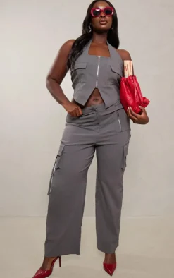 Hot PrettyLittleThing Plus Cargo Pocket Detail Wide Leg Pant Grey