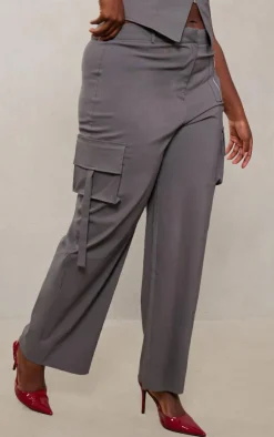 Hot PrettyLittleThing Plus Cargo Pocket Detail Wide Leg Pant Grey
